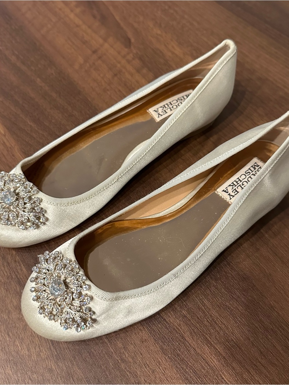 Badgley Mischka Ivory Satin Jeweled Ballet Flats